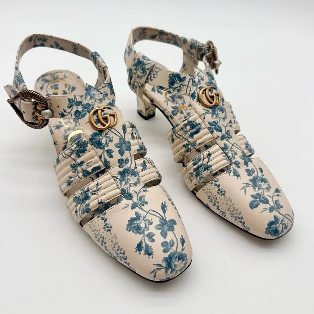 Gucci Gea GG Mid Heel Buds/Floral Blue Leather T-Strap  Sandal Pump EU37.5 US7.5 - Picture 4 of 13